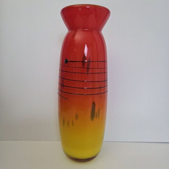 FIFTH AVENUE Crystal Art Glass Vase 12" Orange Yellow Red Black w White Interior - Picture 11 of 11